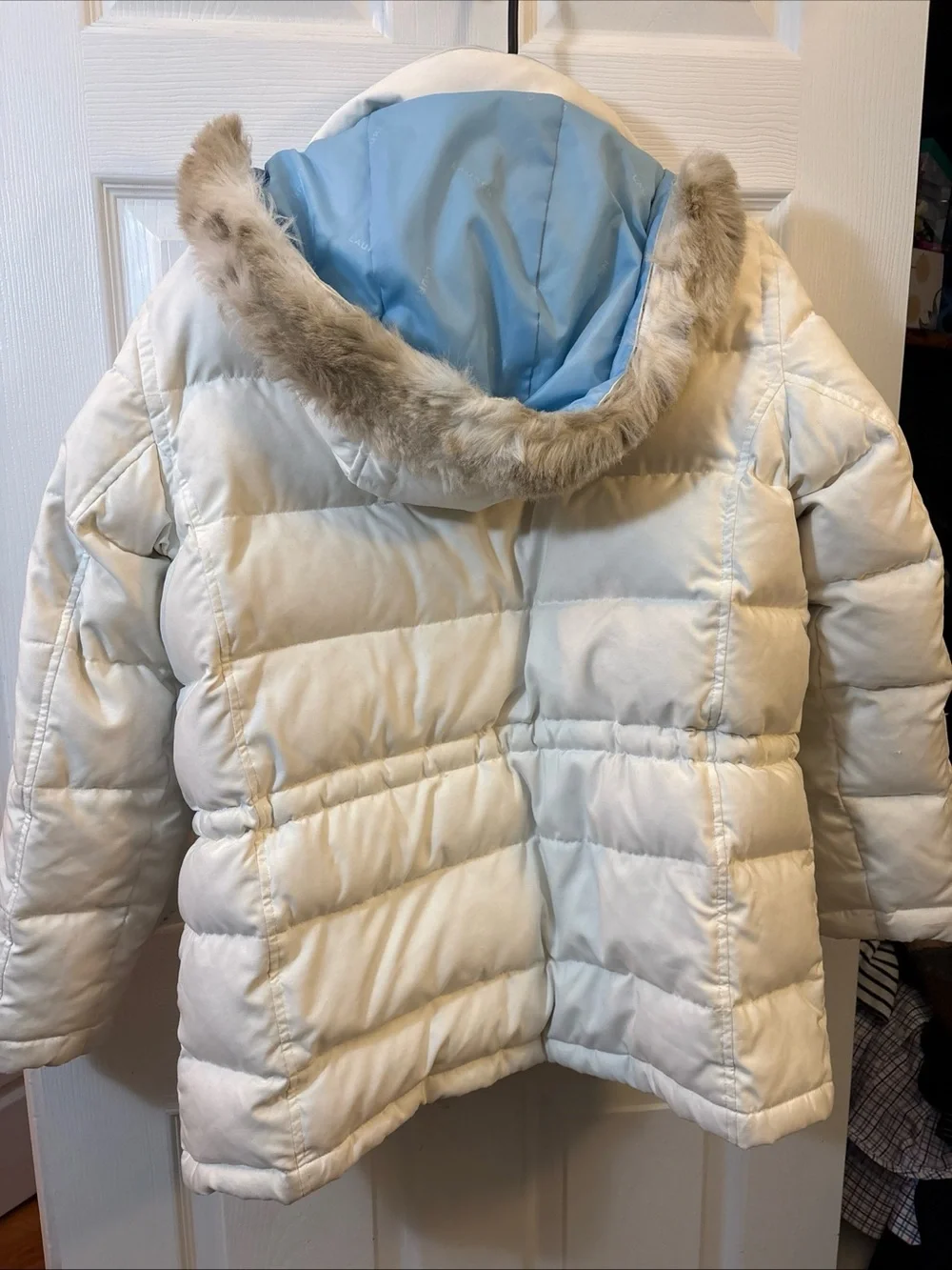 Ralph Lauren Ivory Puffer Jacket with Light Blue Lining
